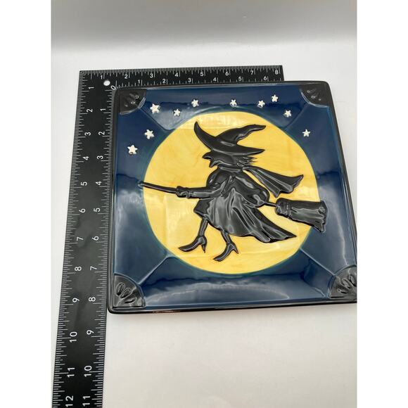 Halloween Decor Square 8" Plate Witch Broom Full Moon Stars Yellow Blue Black - Picture 5 of 5